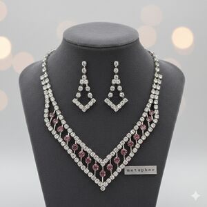 New In Box Metaphor Silver and Purple Rhinestones Necklace Earrings Set